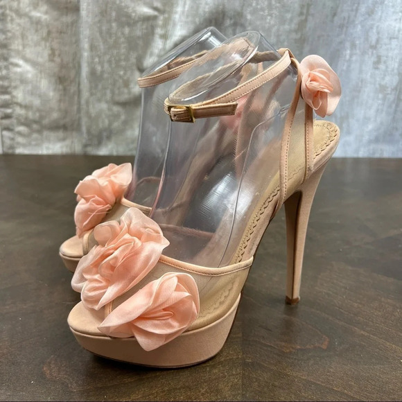Charlotte Olympia Fleur Platform Sandals Heels Organza Flowers Pink Nude 38 1/2 - Picture 5 of 16
